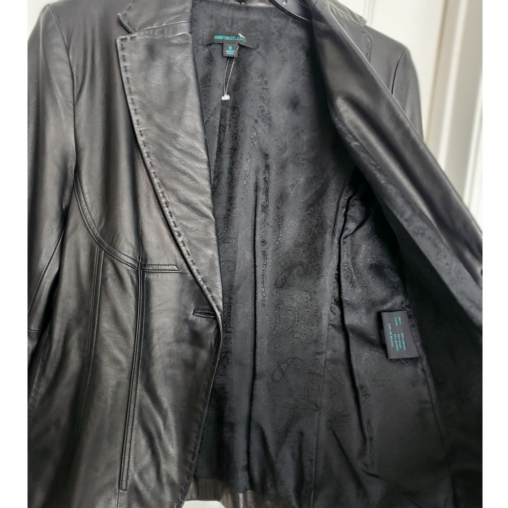 Siena Studio 90s Leather Blazer Black Whipstitch One Button Jacket Size 8 - Picture 6 of 8